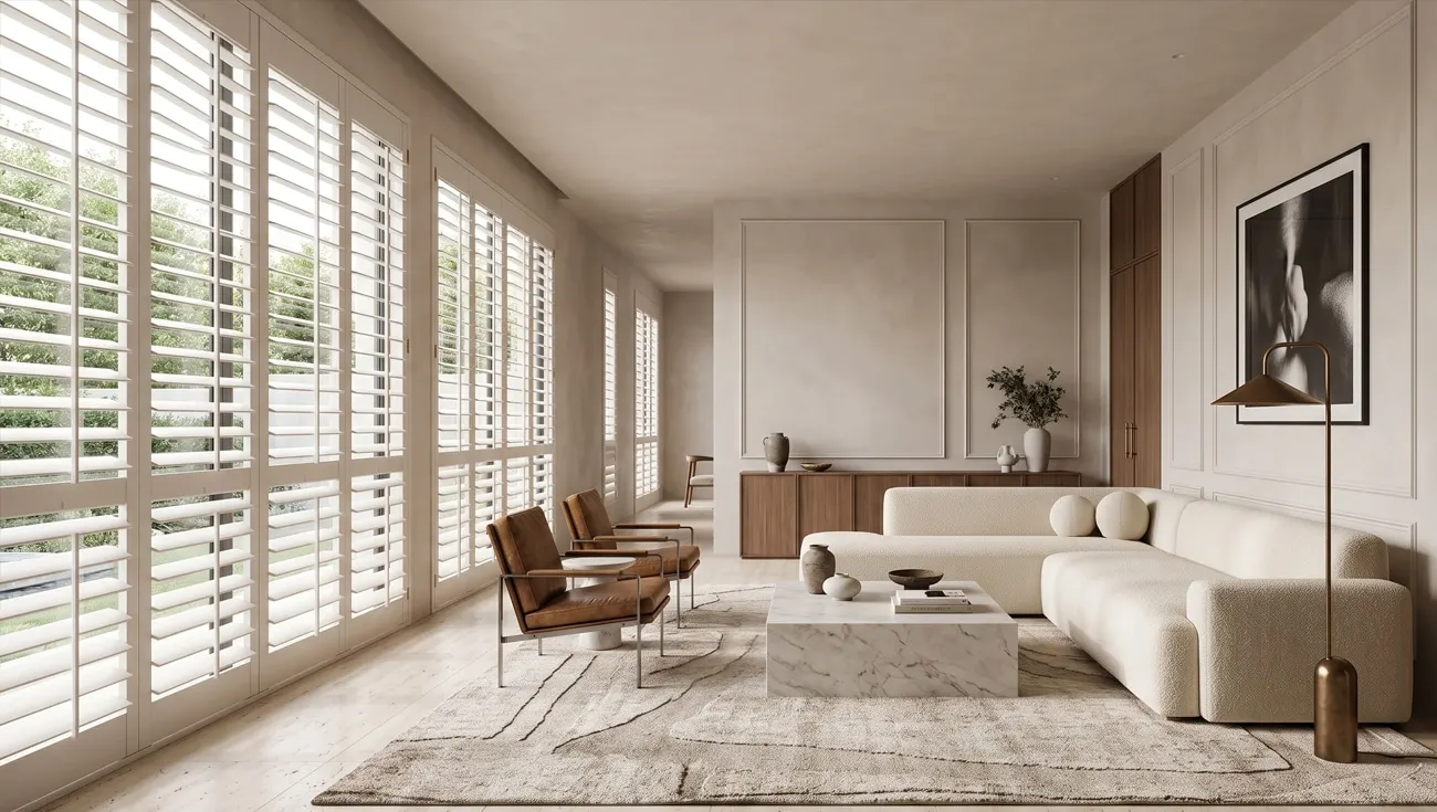 Norman Woodlore plantation shutters in a living room