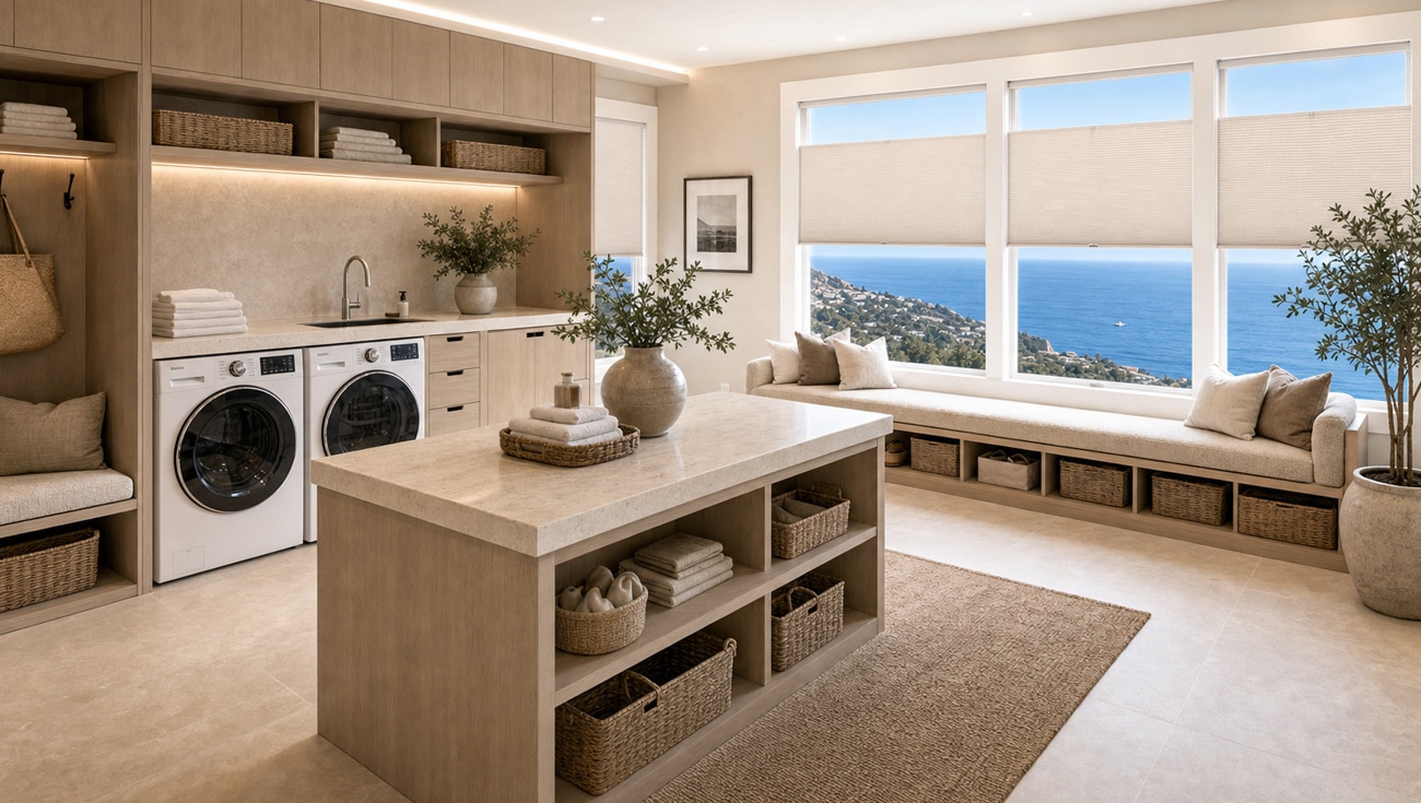 Norman Portrait honeycomb shades in a laundry room