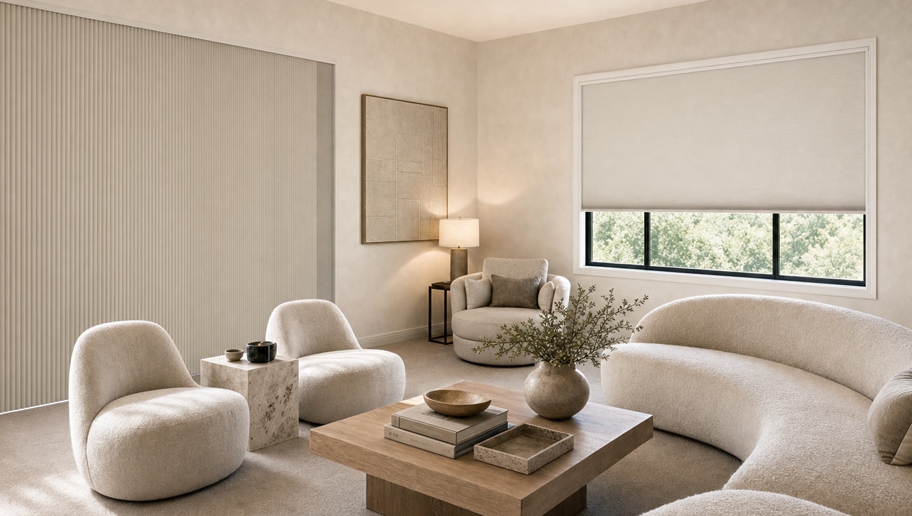 Norman Portrait honeycomb shades in a living room