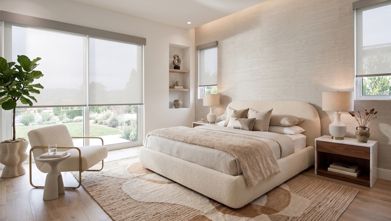 Norman Soluna roller shades in a bedroom