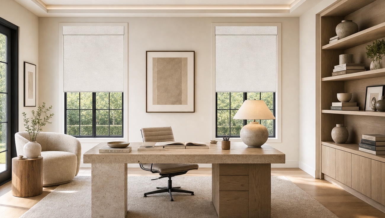 Norman Soluna roller shades in a home office