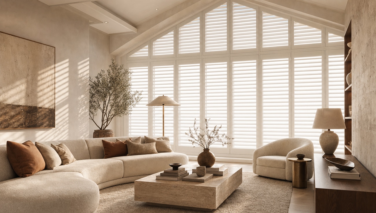 Norman Brightwood shutters on arched windows in a great room