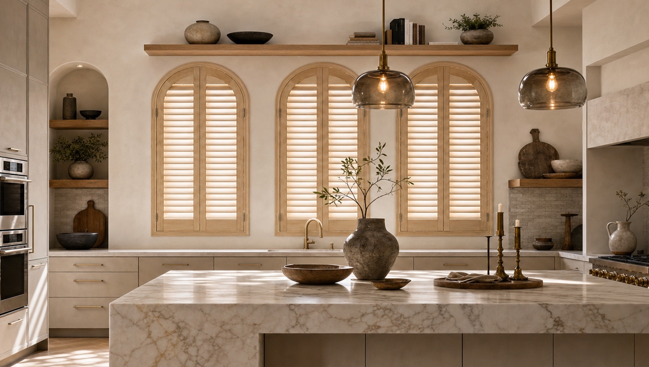 Norman Normandy shutters on arched kitchen windows