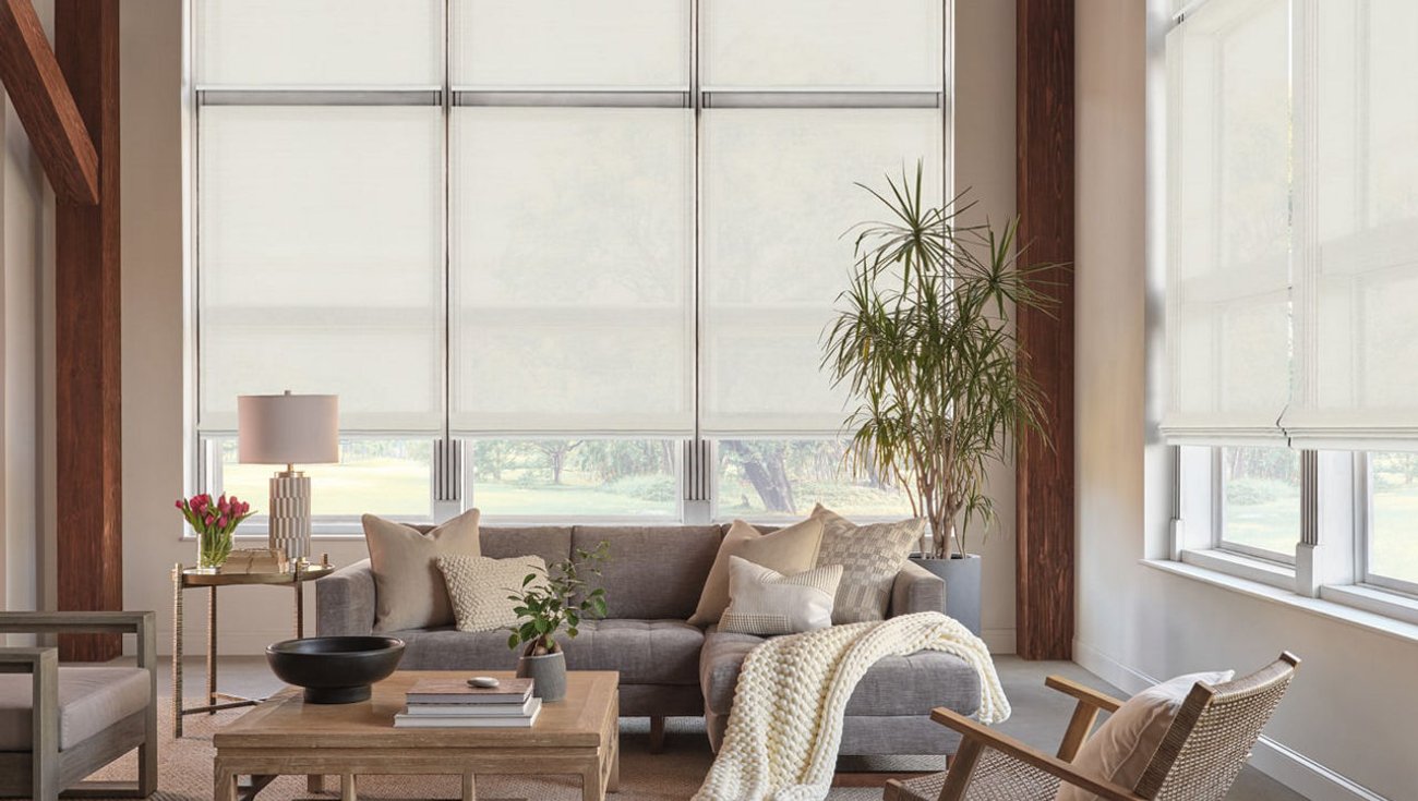 Woven wood shades in a living room