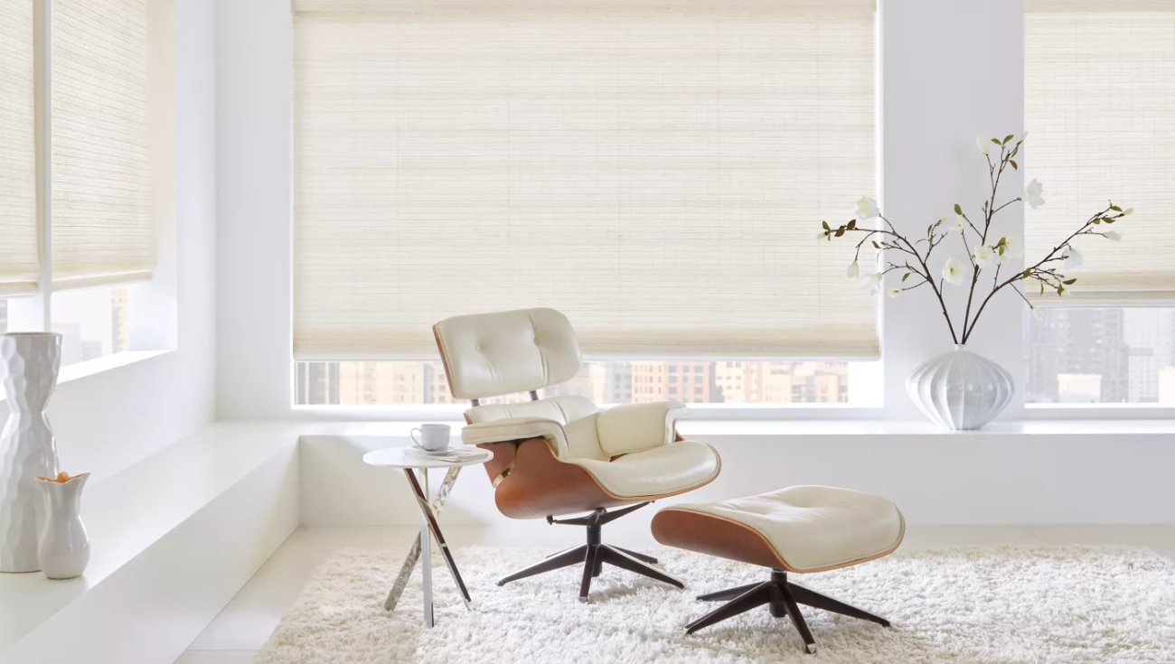 Woven wood shades in a bright sitting room