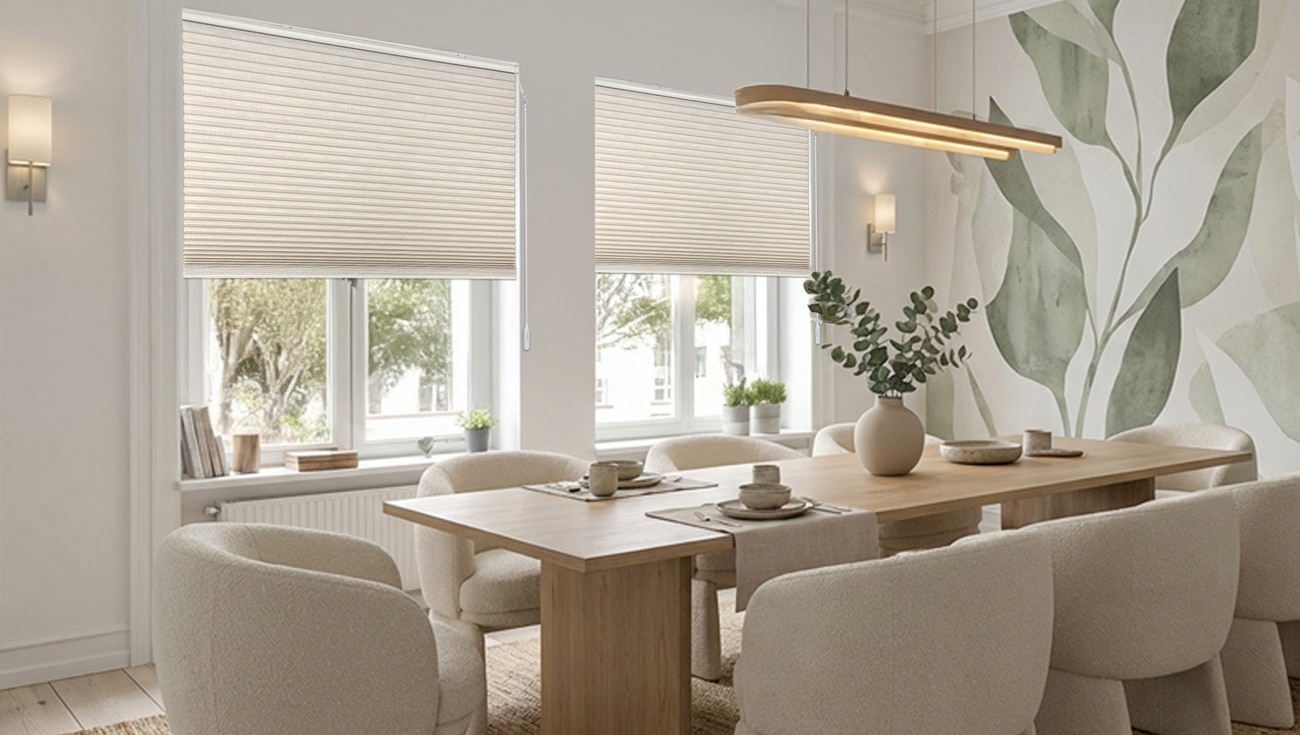 Norman honeycomb shades in a sunny dining room