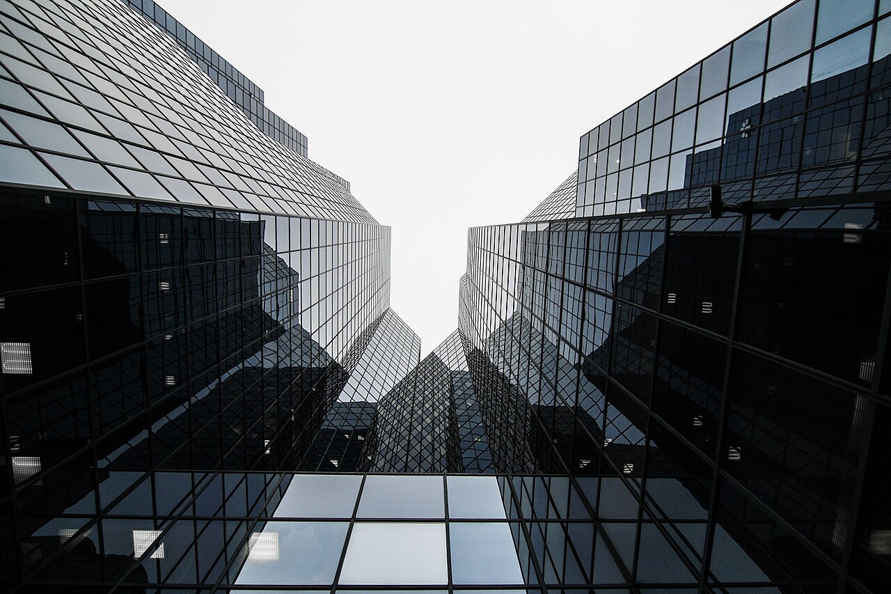 Reflective tinted glass on modern buildings